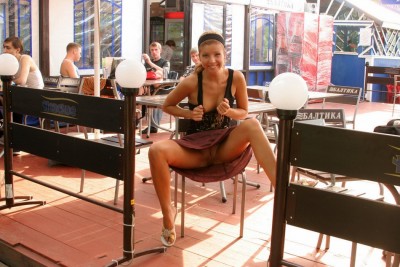 Flashing Pussy at a Table in Public