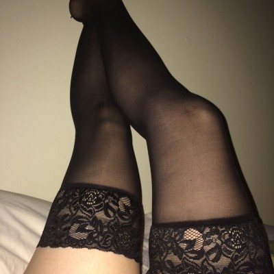 Love the wide top on these-front of the pin stripe thigh highs.