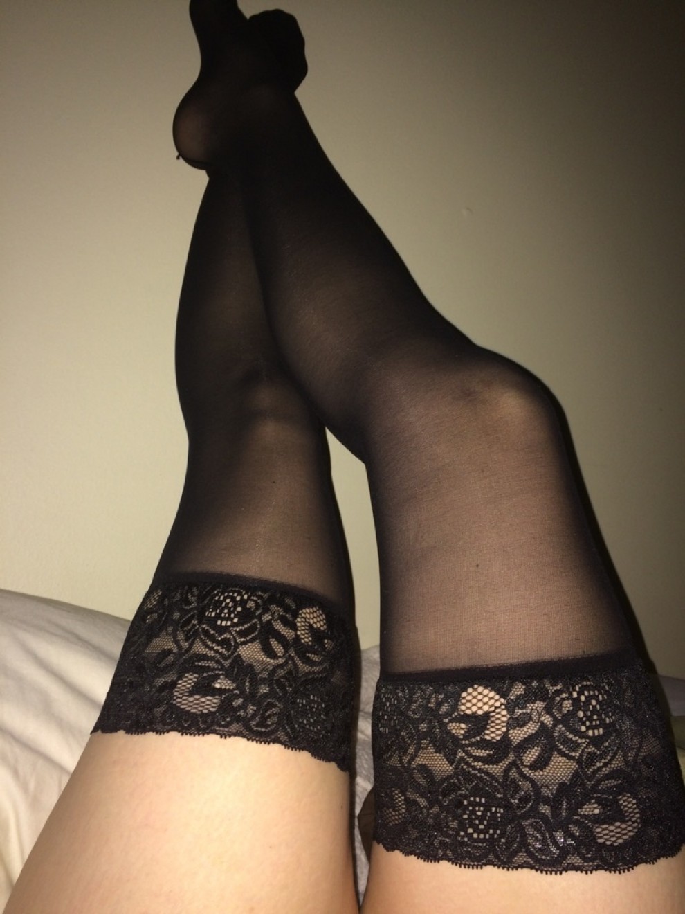 Love the wide top on these-front of the pin stripe thigh highs.