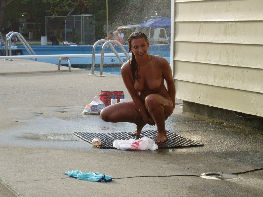 Naked & awkward by the public swimming pool