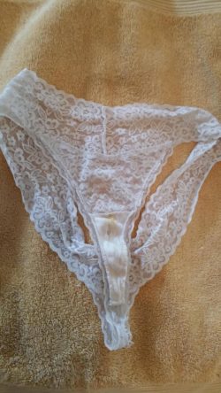 My hubby gave these panties to his boss. He wants to watch me fuck him this time. The last time I fucked his boss I creamed all over his cock.