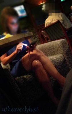 Took a pic of my wife under the table while out on a date. Wanted to show off her sexy legs in her sexy blue dress.