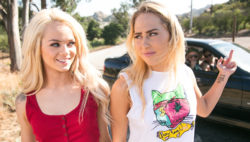 Beautiful blondes Carter Cruise & Elsa Jean have a laugh in mattress.