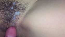 fucking her cum covered hairy pussy